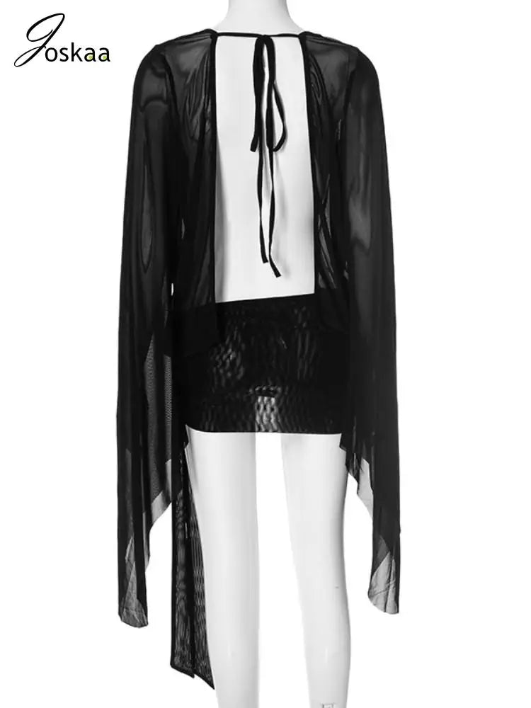 Women's Mesh Backless Flare Black Deep Dress Black – Detail View