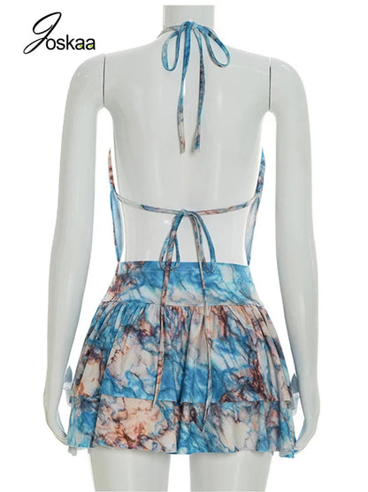Wholesale Women's Backless Halter Two Piece Set Blue – Detail View