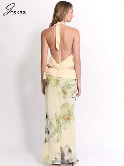 Women's Backless Halter Maxi Two Piece Set Apricot – Side View