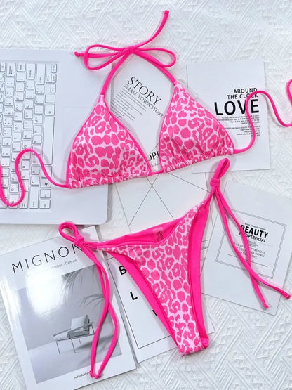 Women's Leopard Print Halter Swimwear Bikini Set
