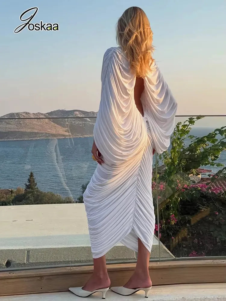 Women's Ruched Backless Cutout Maxi Dress White – Side View