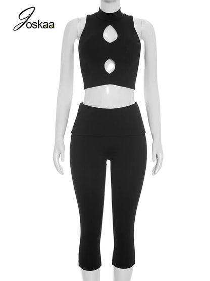 Women's Cutout Crop Solid Sporty Stand Two Piece Set Black – Back View