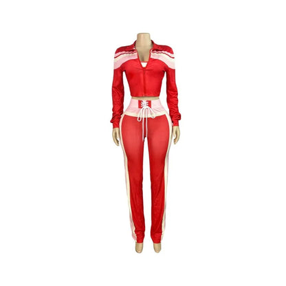 Women's Long Sleeve Sporty Patchwork Top Two Piece Set