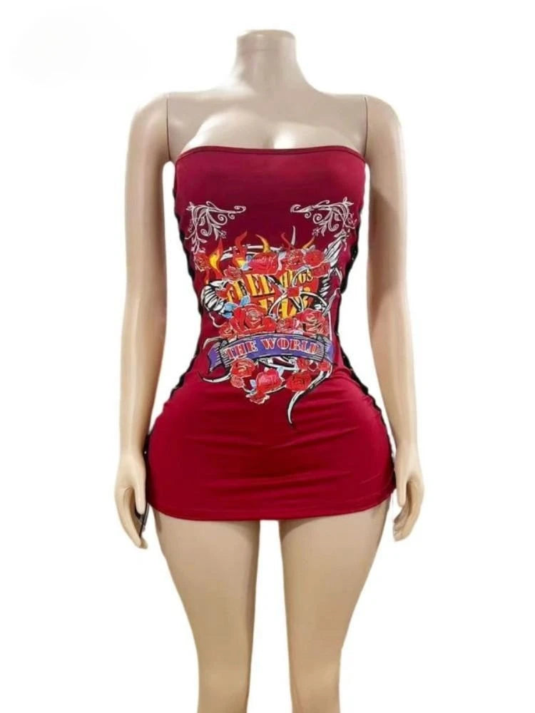 Women's Cutout Strapless Aesthetic Side Mini Dress Red – Back View