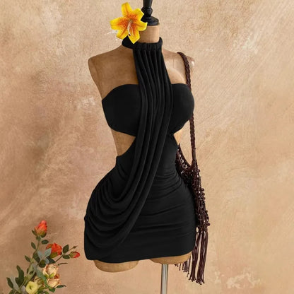 Joskaa Sexy Backless Irregular Halter Neck Mini Dress Women Asymmetrical Hem Bandage Wrap Design Slim Fit Dresses Party Clubwear