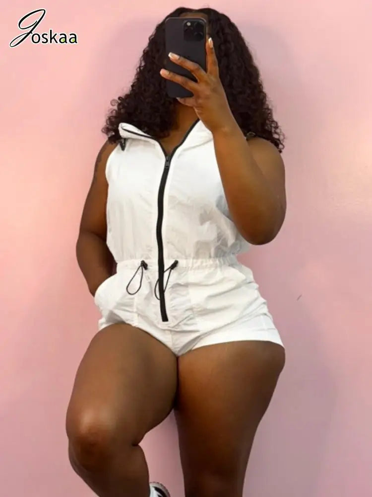 Wholesale Women's Sleeveless Zip Hooded Romper White – Front View
