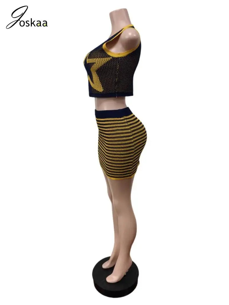 Women's Stripe Knit Crop Mini Two Piece Set Dark Blue – Back View