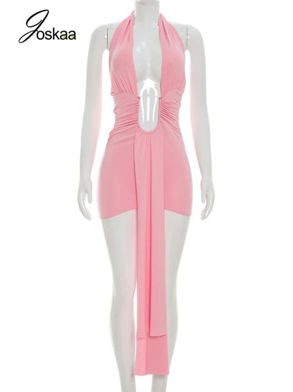 Women's Backless Halter Sleeveless Mini Dress Pink – Back View