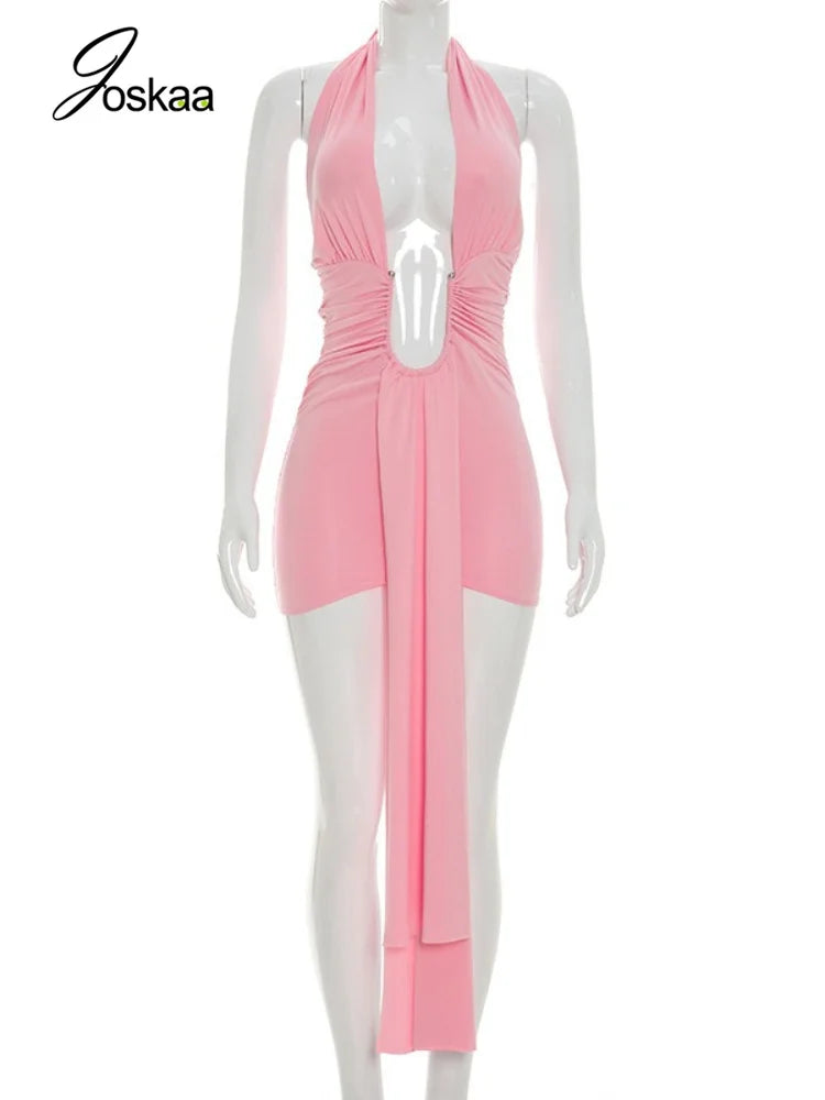 Women's Backless Halter Sleeveless Mini Dress Pink – Back View