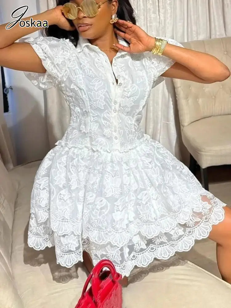 Women's Lace Embroidered White A-line Bodycon Dress White – Front View