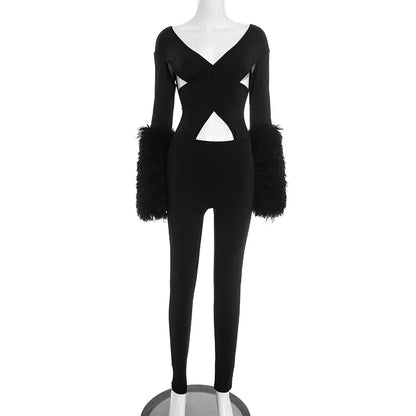 Joskaa Long Sleeve Bodycon Romper Hollow Out V-neck - romper image 5