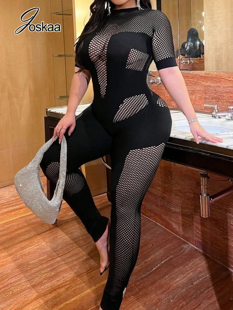 Women's Mesh Cutout Bodycon Jumpsuit Romper Black – Front View
