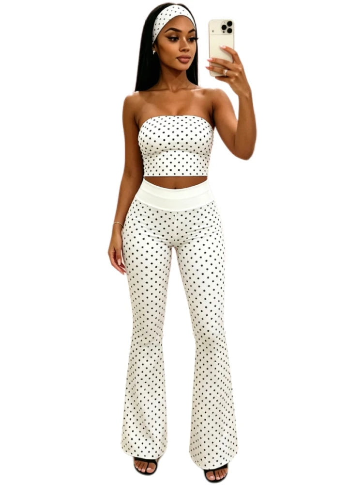 Women's Polka Dot Strapless Crop Two Piece Set Light Blue – Back View