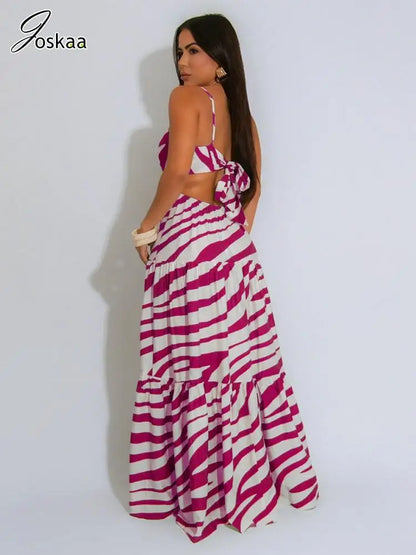 Women's Stripe Backless Cutout Bikini Set Rose Red – Front View