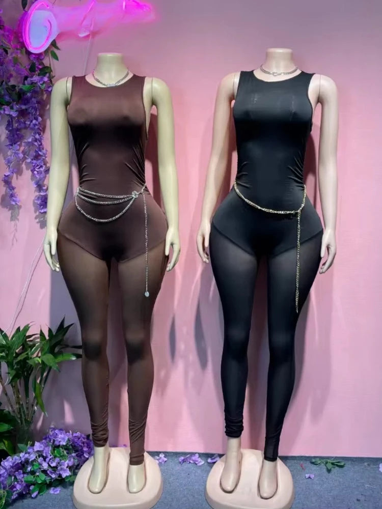 Wholesale Women's Mesh Sleeveless Bodycon Romper Coffee – Back View