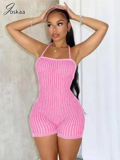 Women's Stripe Knit Backless Bodycon Romper Green – Side View