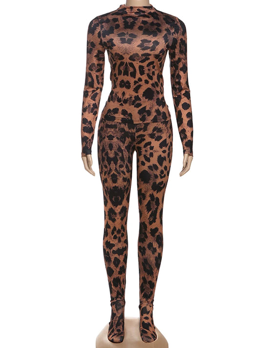 Joskaa Leopard Print Long Sleeve Bodycon Two Piece Set - two piece set image 2