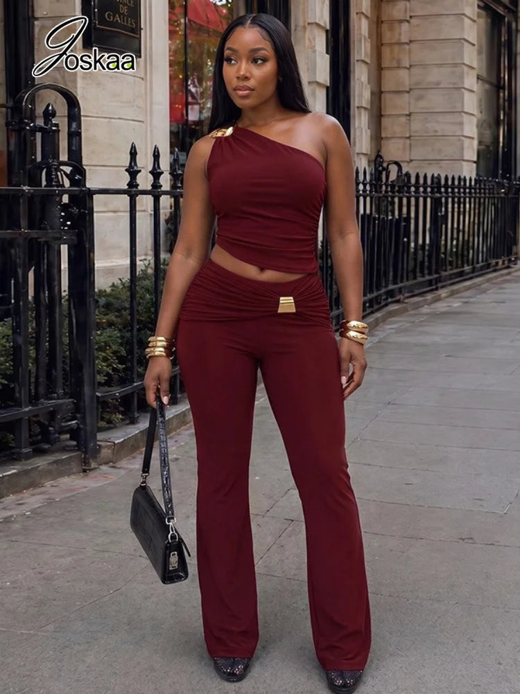 Women's Ruched One Shoulder Wide Leg Two Piece Set - Front View