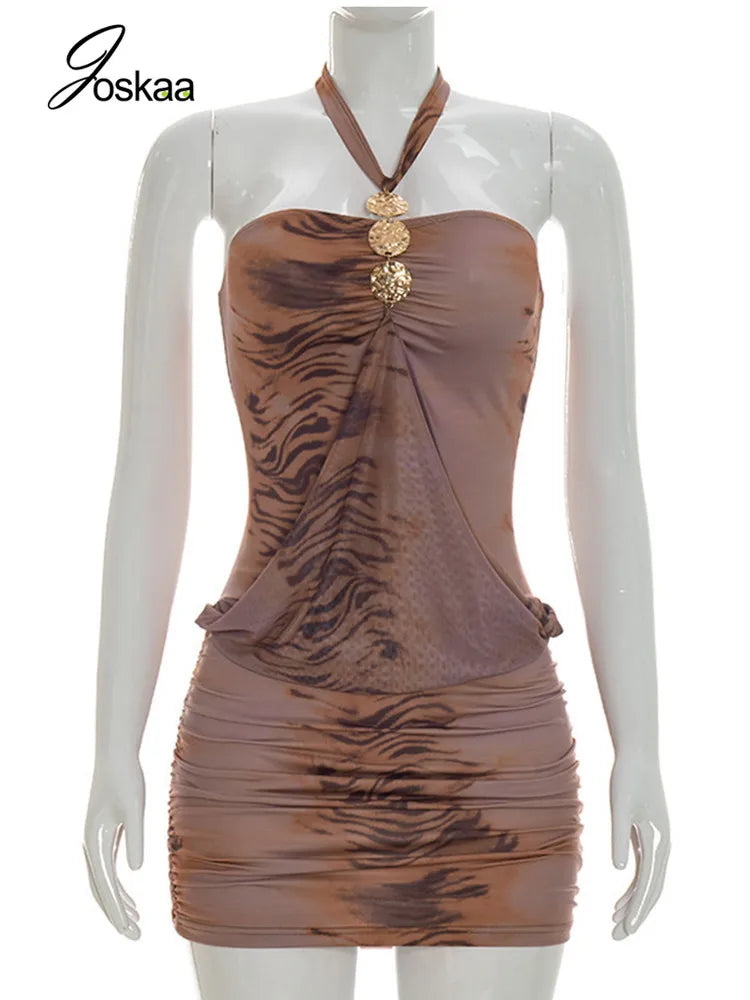 Women's Backless Halter Sleeveless Mini Dress Coffee – Back View