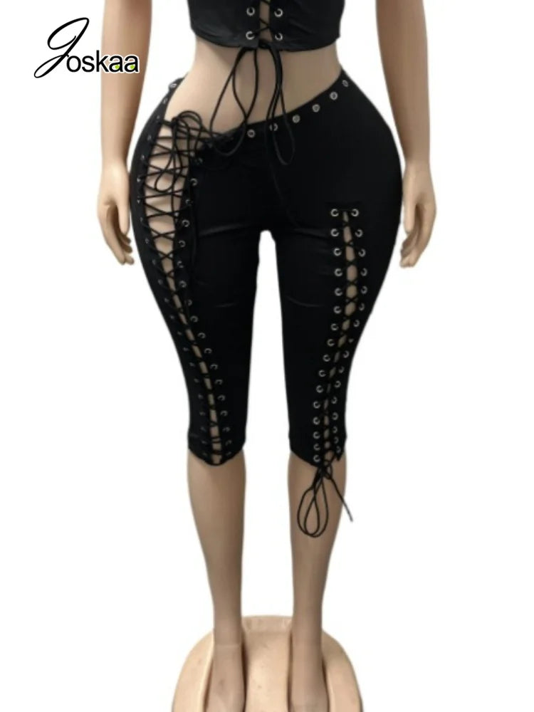 Women's Lace Cutout Bodycon Pants Gothic Capri Leggings - Side View