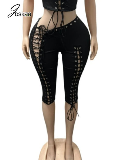 Women's Lace Cutout Bodycon Pants Gothic Capri Leggings - Side View
