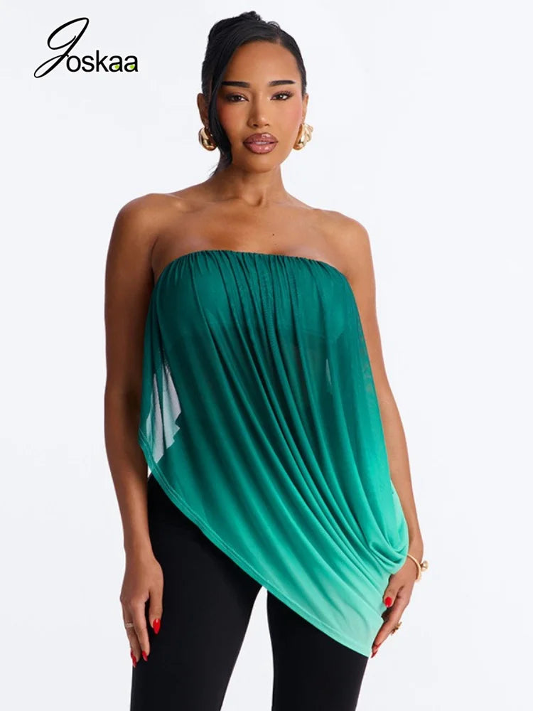 Women's Mesh Ruched Strapless One Shoulder Top - Front View