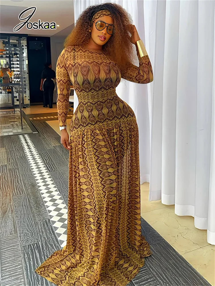 Women's Ruched Long Sleeve Bodycon Maxi Dress Yellowish-Brown – Side View