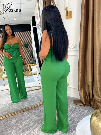 Women's Backless Strapless Flare Zip Wide Leg Romper Green – Side View