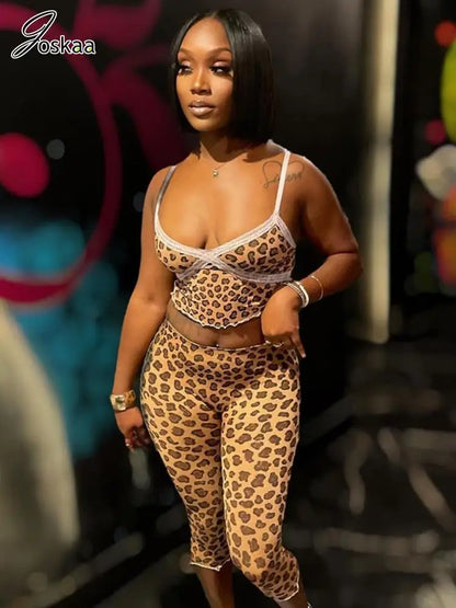 Women's Leopard Print Lace Crop Two Piece Set Leopard Print – Side View