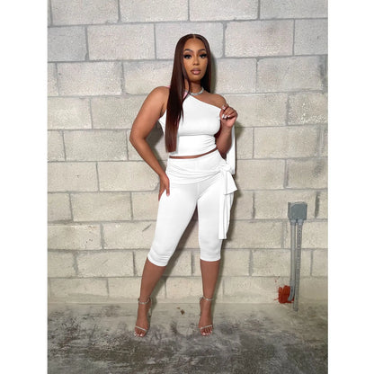 Women's One Shoulder Crop Sporty Oblique Two Piece Set