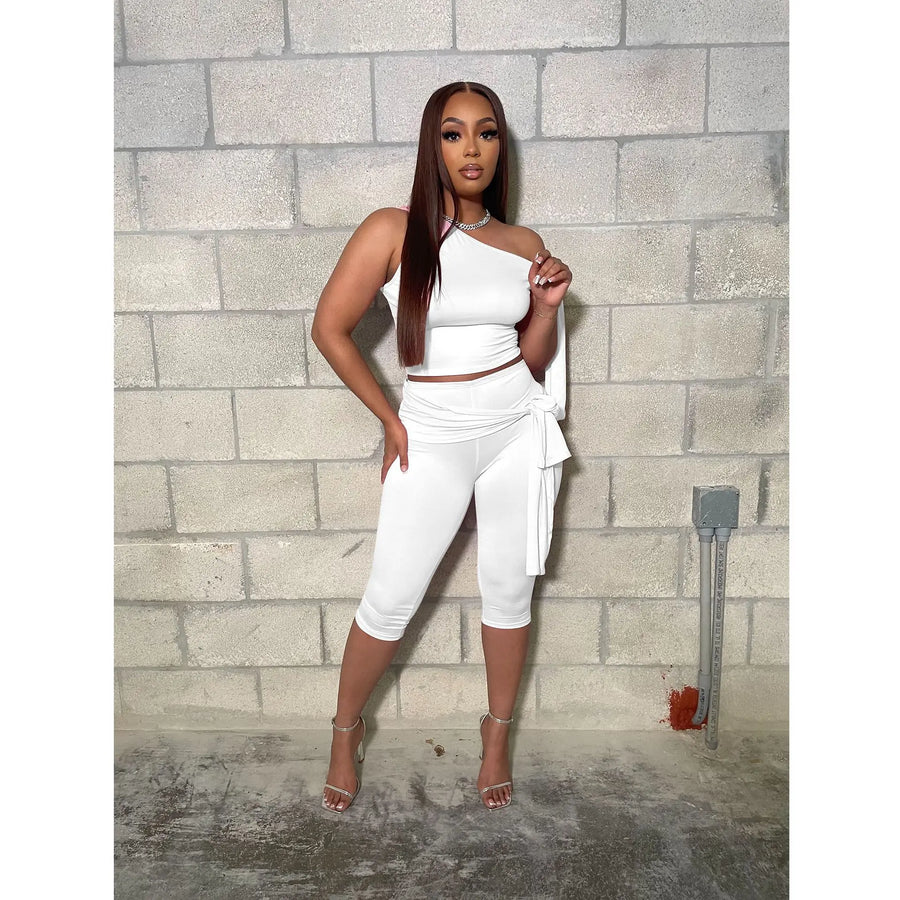 Women's One Shoulder Crop Sporty Oblique Two Piece Set