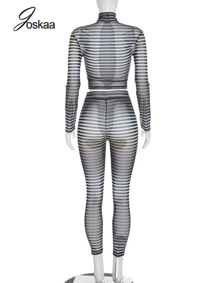 Women's Striped Mesh Long Sleeve High Waist Two Piece Set - Detail View