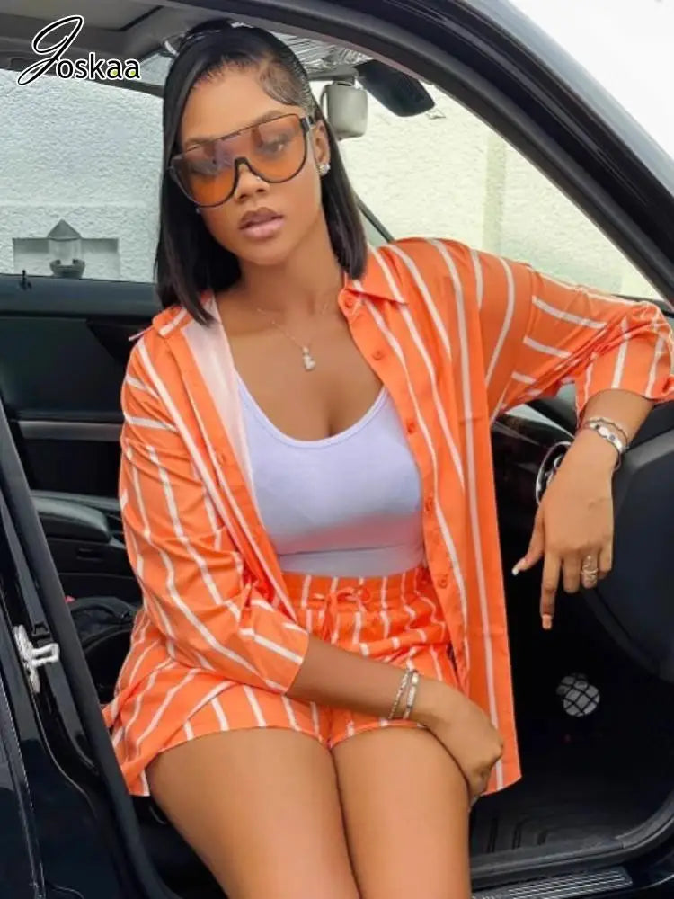 Women's Stripe Striped Oversized Two Piece Set Orange – Side View
