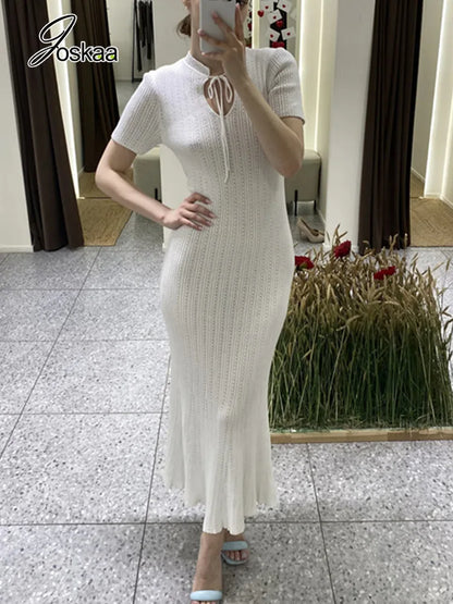 Women's Lace Knit Cutout Short Sleeve Maxi Dress Yellow – Detail View