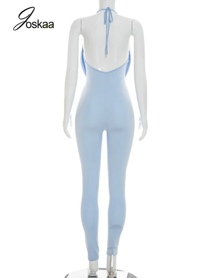 Women's Backless Halter Bodycon Jumpsuit Romper Light Blue – Detail View