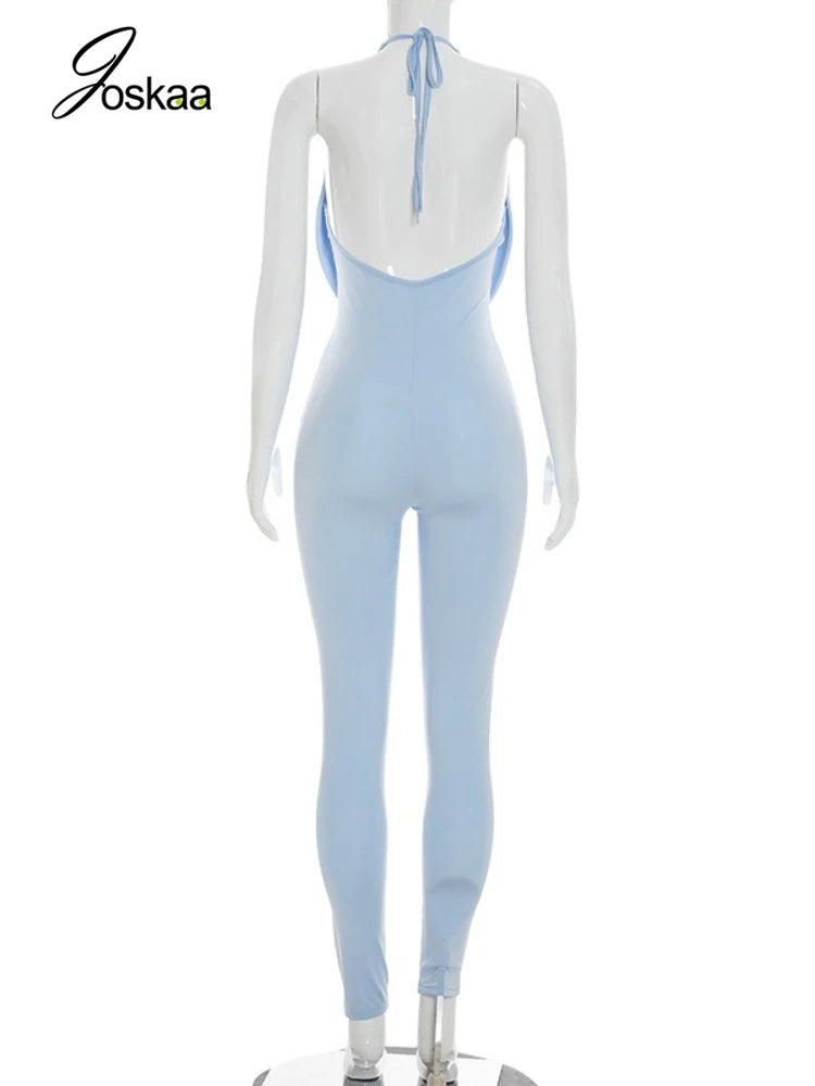 Women's Backless Halter Bodycon Jumpsuit Romper Light Blue – Detail View