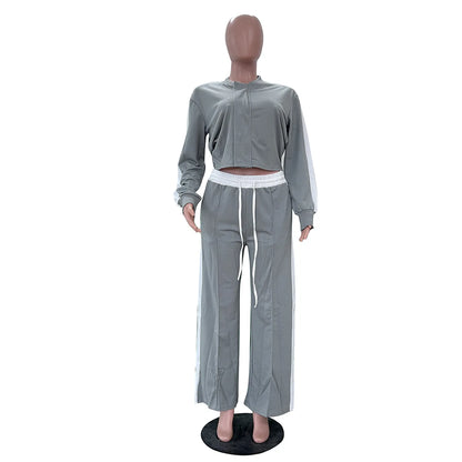 Joskaa Stripe Zip Up Long Sleeve Wide Leg Two Piece Set - two piece set image 5
