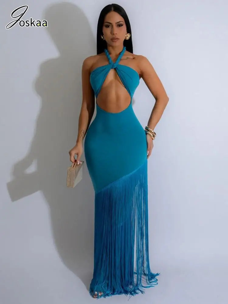 Women's Cutout Halter Elegant Wrap Chest Bodycon Dress Blue – Side View