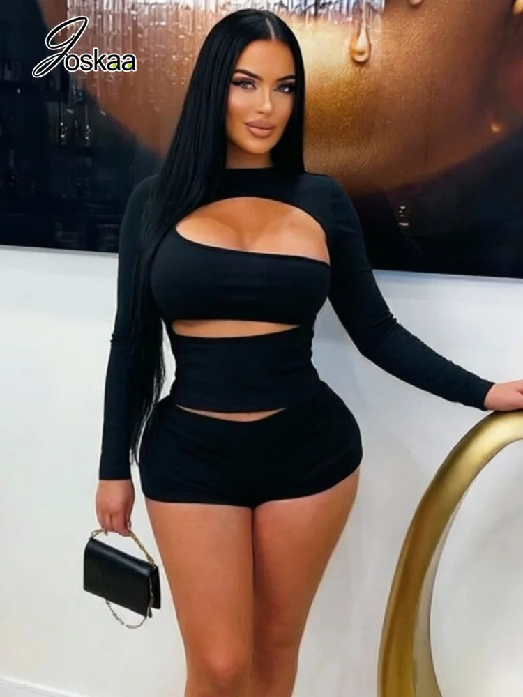 Women's Ribbed Knit Cutout Long Sleeve Bodycon Two Piece Set - Front View