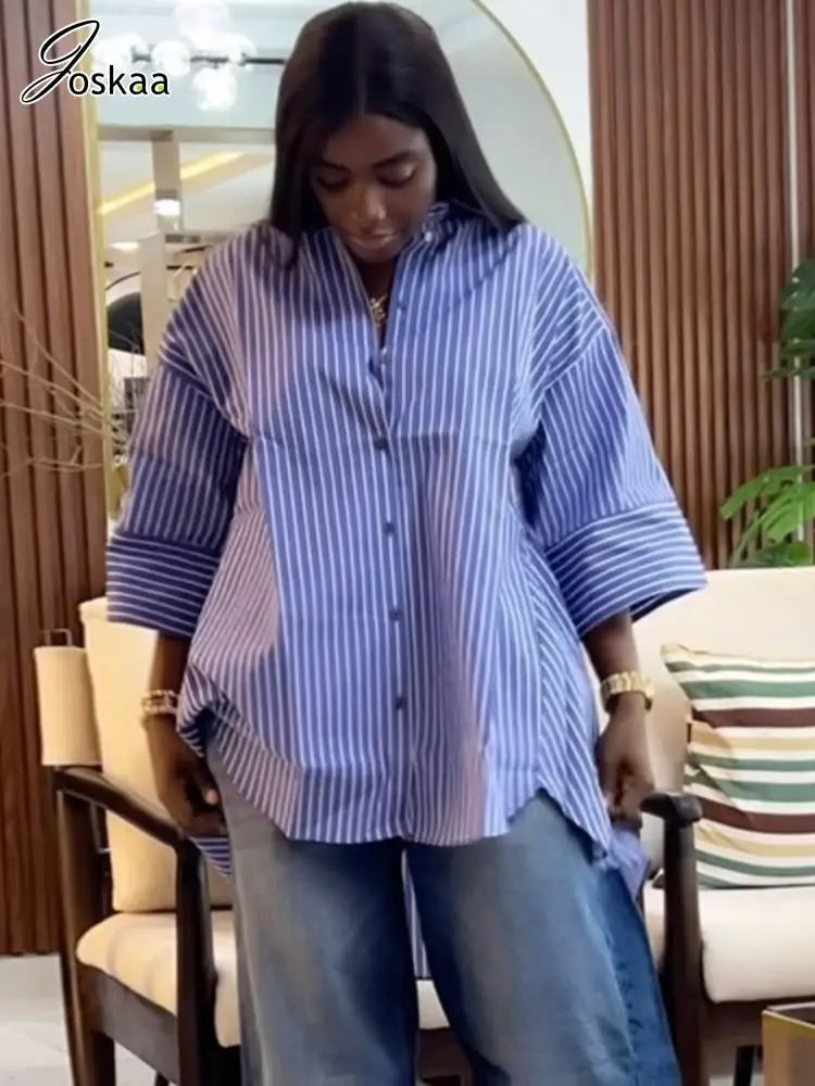 Women's Stripe Long Sleeve Blue Striped Shirt Top – Women's Fashion Wholesale – Front View