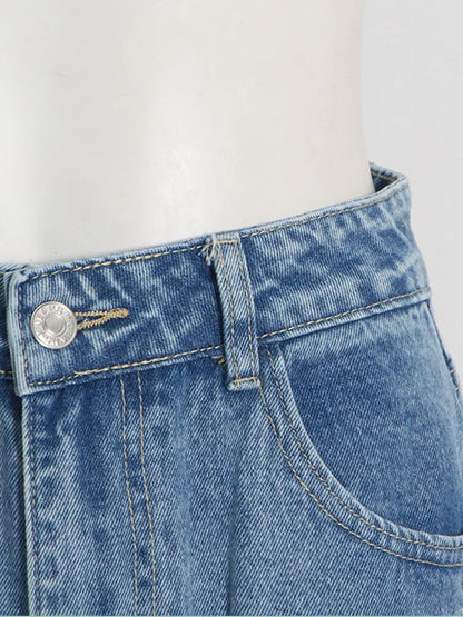 Women's Denim High Waist Pockets Cargo Jeans Pants Black – Detail View