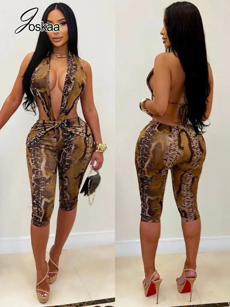 Women's Snake Print V-neck Halter Sleeveless Romper - Front View