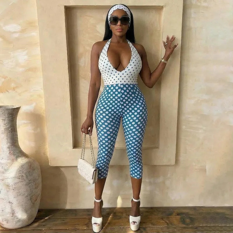 Women's Polka Dot Backless Halter Romper