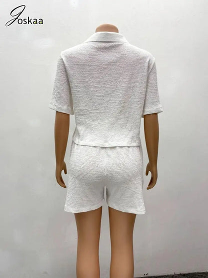 Women's Short Sleeve Concise Button Shirts Two Piece Set White – Detail View