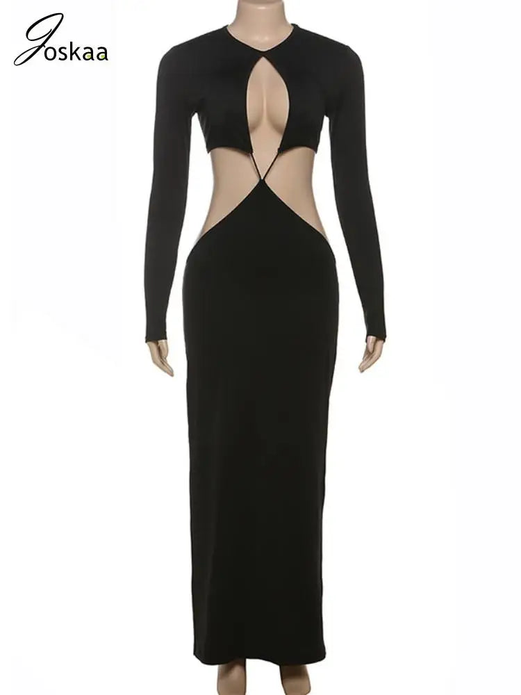 Wholesale Women's Cutout Long Sleeve Maxi Dress Black – Back View