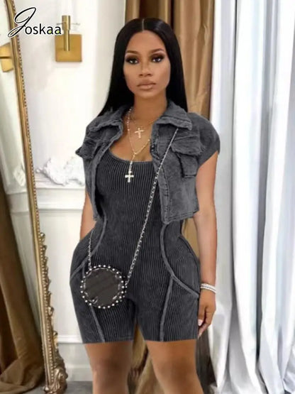 Women's Short Sleeve Sporty Lapel Shirt Two Piece Set – Women's Fashion Wholesale – Front View
