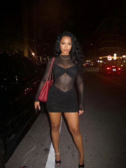 Women's Mesh Ruched Long Sleeve Mini Dress Black – Back View