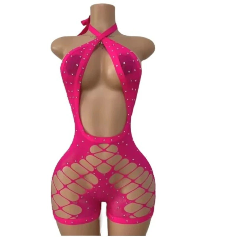 Women's Rhinestone Mesh Backless Cutout Romper Purple1 – Back View