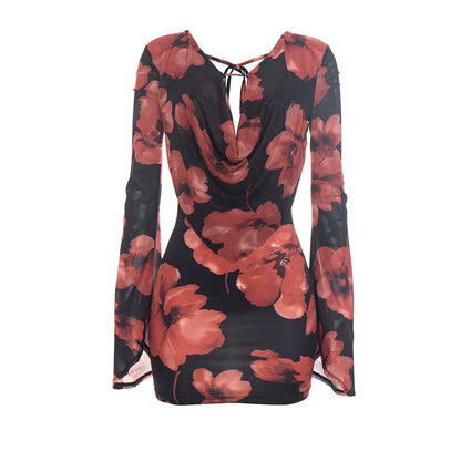 Women's Floral Print Mesh Bodycon Wide Leg Mini Dress - Additional View 7