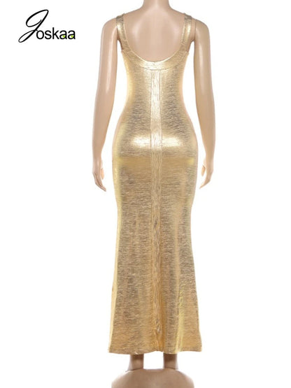 Women's Sleeveless Glossy Texture Spaghetti Bodycon Dress Gold – Detail View